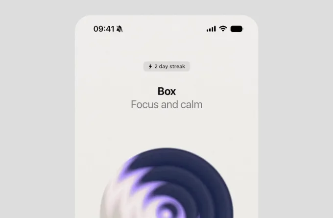 Frame app screen showing a 2 day streak badge, the Box exercise ("Focus and calm") and the breathing figure